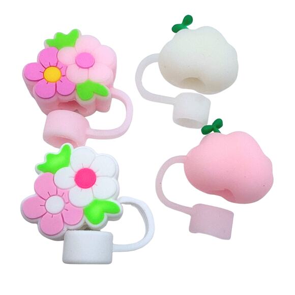 Floral Cloud Pastel Silicone Straw Cover Toppers 4 Piece Set 10mm Straws Kawaii - Picture 3 of 3
